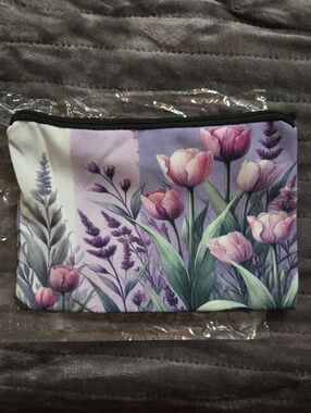 Canvas Zipper Pouch Featuring Tullips On A Purple And Beige Background